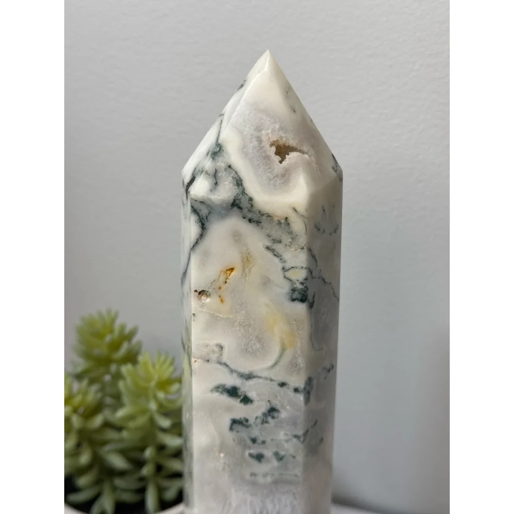 Green/White Moss Agate Druzy Tower